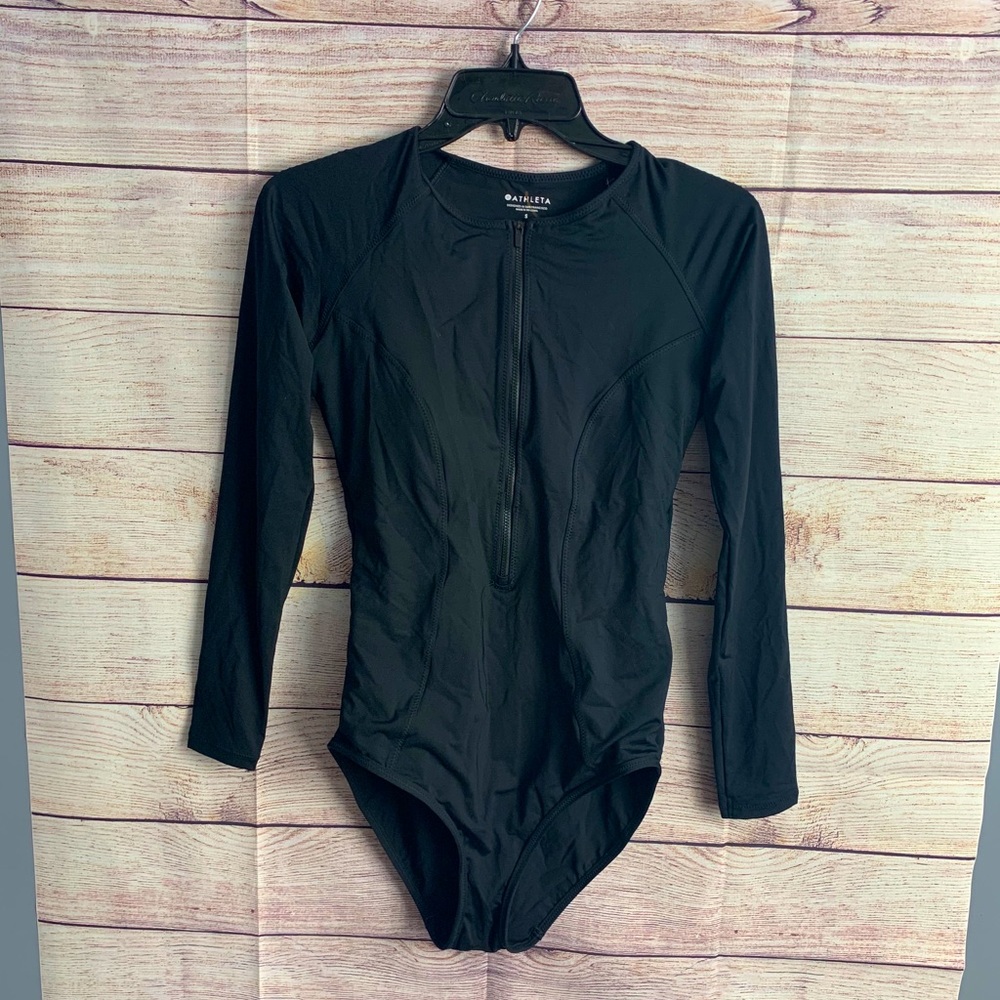 Athleta Black Long-Sleeve Zip-Front Bodysuit